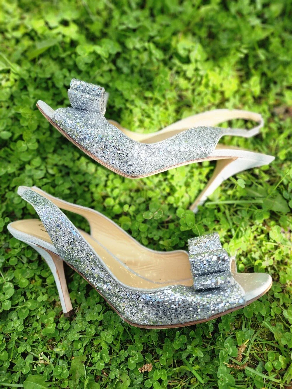 kate spade Silver Glitter Peep-Toe Slingback Heels with Bow